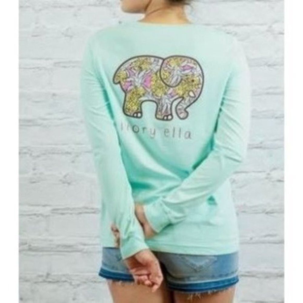Ivory Ella Pineapple Elephant Long Sleeve Tee Blue 100% Cotton XS